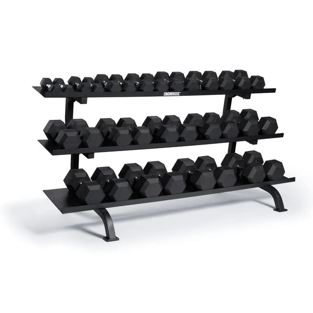Set 1530 lb Mancuernas Hexagonales (5 a 85 lb) + Rack de Almacenamiento Monster IRONSIDE