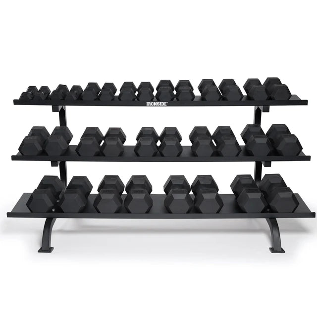 Set 1530 lb Mancuernas Hexagonales (5 a 85 lb) + Rack de Almacenamiento Monster IRONSIDE